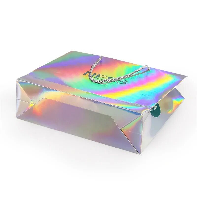 Custom Your Own Logo Printing Holographic Paper Bags Shiny Metallic Gift Paperbag
